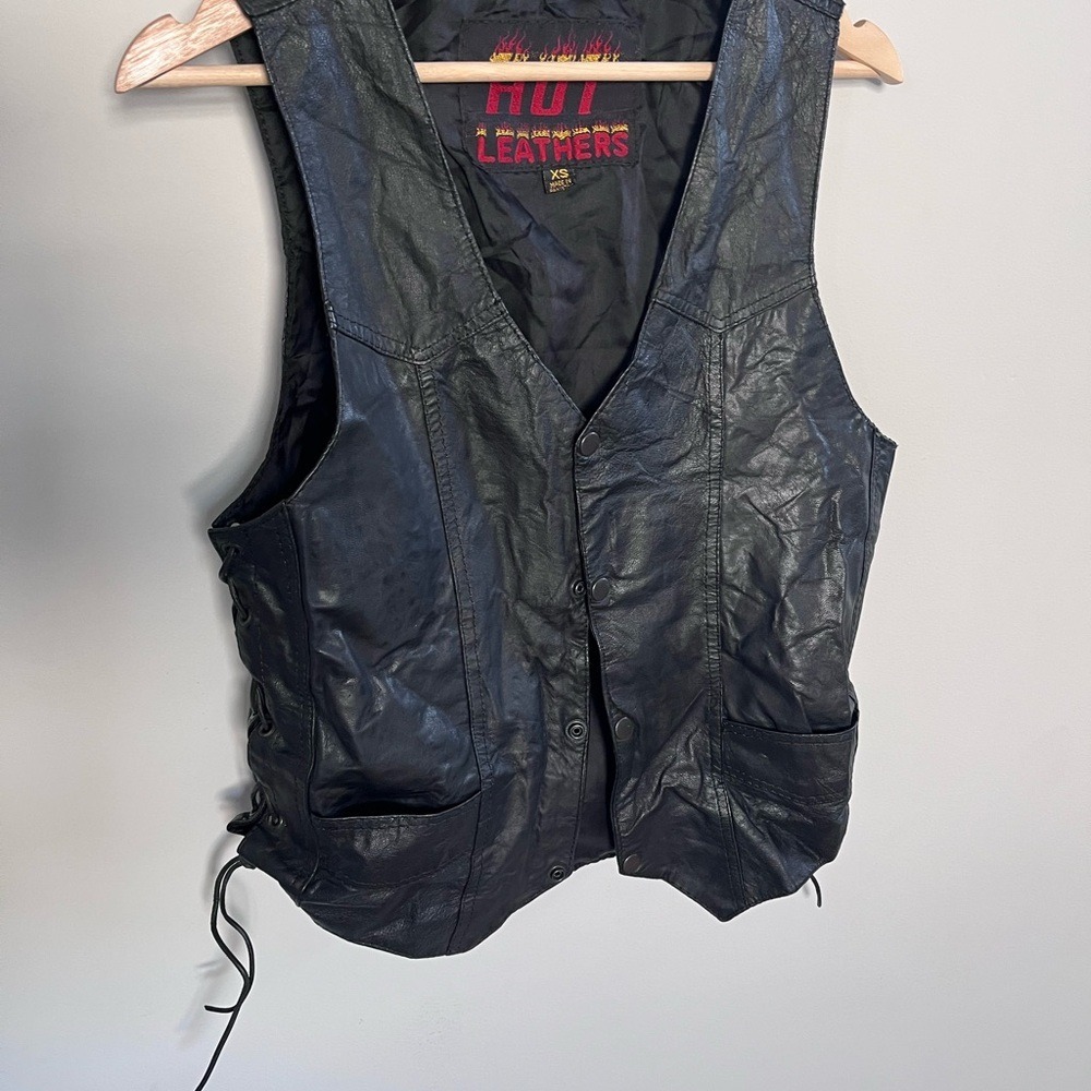Vintage Hot Leathers Black Leather Vest – Men's XS – Side Lace-Up & Snap Front